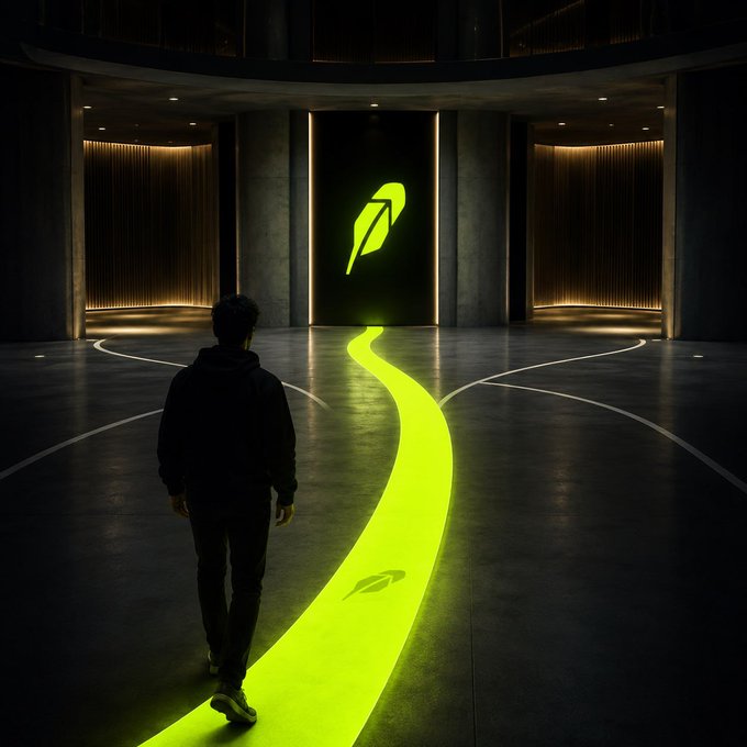 A person in dark clothing walks down a glowing neon-green path toward a futuristic doorway displaying a matching green feather logo.