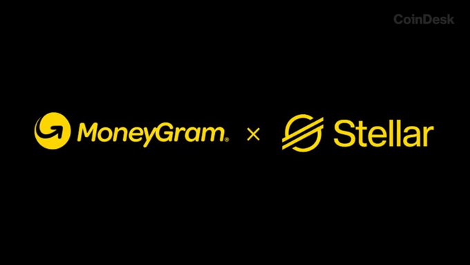 The image features two logos for MoneyGram and Stellar, both of which are associated with a new stablecoin called @StellarOrg. The MoneyGram logo is yellow and black, while the Stellar logo is yellow and white. Both logos are displayed against a black background, making them stand out prominently. The text in the image reads "NEW: @MoneyGram launches @StellarOrg, a U.S. dollar-backed stablecoin on the @StellarOrg network, giving its 60 million customers access to digital dollar transfers across its global payments network." This information suggests that MoneyGram and Stellar are collaborating to create a new form of currency using the Stellar blockchain technology.