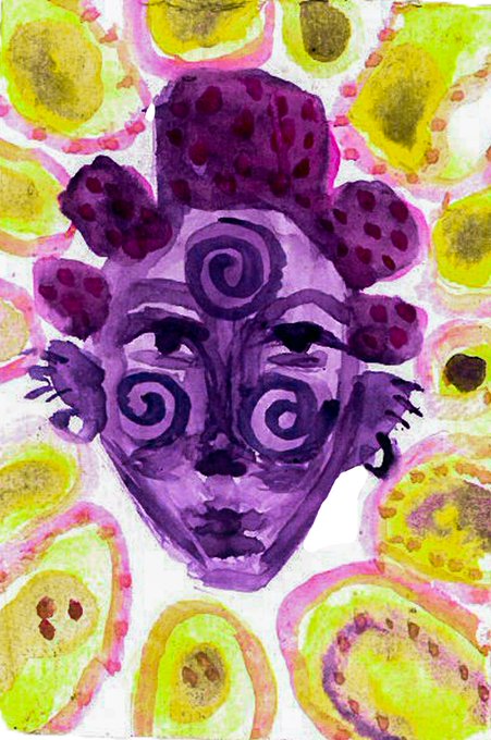 A vibrant watercolor painting depicts a stylized purple face with spiral patterns on its cheeks, adorned with an elaborate purple and pink floral or jeweled headpiece, set against a yellow patterned background.