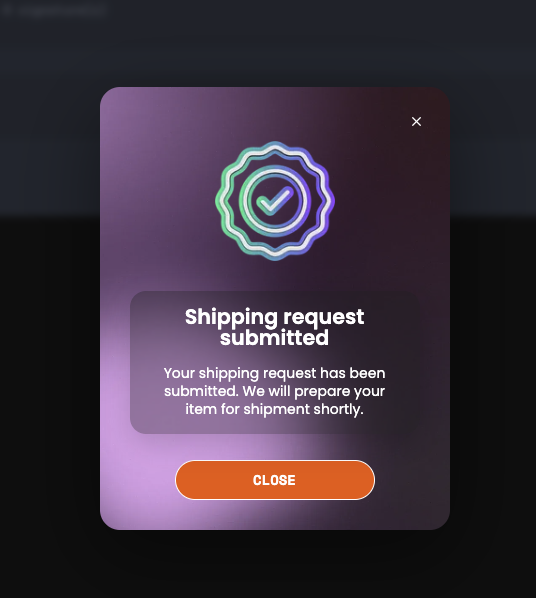 A confirmation popup displays "Shipping request submitted" with a checkmark seal, indicating the user's order is being prepared for shipment.

The image directly relates to the post, showing the shipping confirmation popup that resulted from the user finalizing their purchase of PSA 10 graded slabs from @zoogieNFT, which will be physically shipped out as mentioned in their tweet.