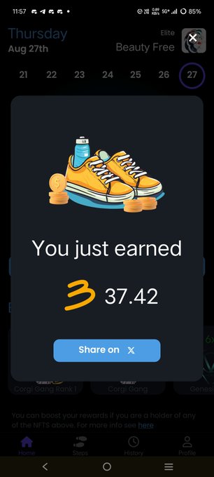 A mobile screenshot shows a "You just earned 3 37.42" notification with a graphic of yellow sneakers and gold coins, confirming the user's claim of earning 37.42 B3TR tokens on the ST3PR app. The image aligns perfectly with the post, visually documenting the rewards earned for physical activity, with the "Share on" button and sneaker imagery reinforcing the "put your sneakers on" message.