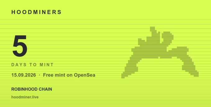 Hoodminers countdown card reading '5 DAYS TO MINT, 15.09.2026 · Free mint on OpenSea, ROBINHOOD CHAIN, hoodminer.live' with a pixelated hood logo.