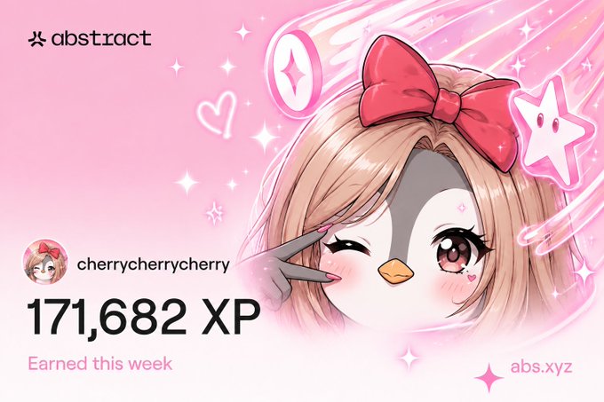 The image features a cartoon penguin with pink hair, wearing a red bow around its neck, and standing against a pink background adorned with stars and hearts. The text "cherry cherry" appears multiple times throughout the image, possibly indicating that the penguin is associated with cherry-themed merchandise or events. In the bottom right corner of the image, there's a post with a message about an XP achievement for the cartoon character.