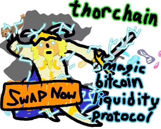 A crude digital drawing of a wizard-like figure with a yellow beard wielding a hammer amidst lightning bolts, advertising 'Thorchain magic bitcoin liquidity Protocol' with a 'Swap Now' button.