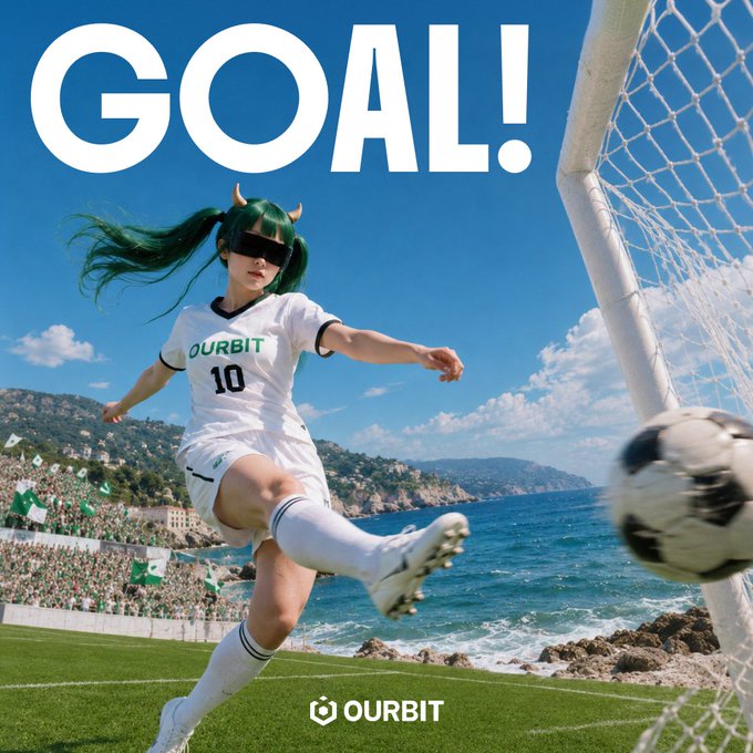 A soccer player in a white "OURBIT 10" jersey scores a goal with the bold text "GOAL!" overhead, alongside the Ourbit logo at the bottom, visually capturing the excitement of the "Lucky Shot challenge" aimed at sharing a $150K prize pool.