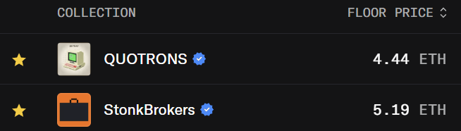 A dark-themed interface listing NFT collections with floor prices: 'QUOTRONS' at 4.44 ETH and 'StonkBrokers' at 5.19 ETH.