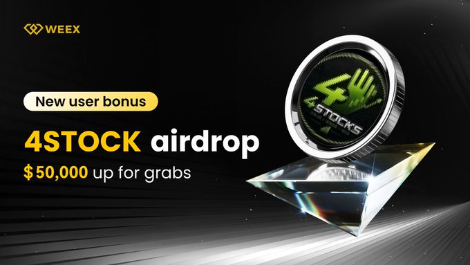 A WEEX promotional banner advertising a "New user bonus" for a 4STOCK airdrop worth $50,000, featuring a stylized coin labeled "4STOCK" resting on a crystal-like platform against a dark background.