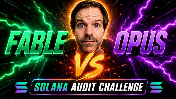 A YouTube thumbnail featuring a man's shocked face between the words 'FABLE' and 'OPUS' with a 'VS' graphic and the subtitle 'SOLANA AUDIT CHALLENGE.'