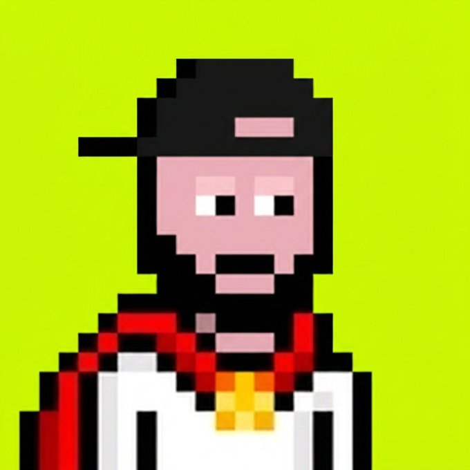 A pixel art portrait of a person with a beard, wearing a black cap, white shirt, and red scarf or jacket, set against a bright green background.