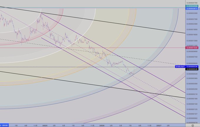 A TradingView chart showing the SHIB/USD (Shiba Inu) cryptocurrency price action with multiple Gann fans and trend lines drawn over candlestick patterns.