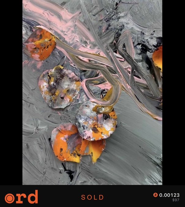 An abstract artwork with orange circular forms and gray brushstrokes is displayed on the Ord marketplace, marked as 'SOLD' for 0.00123 BTC ($97).