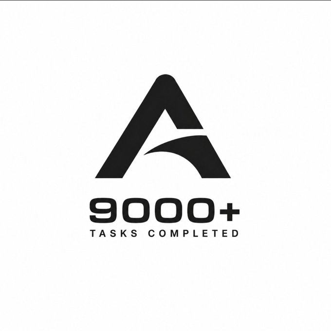 A black and white logo featuring a stylized 'A' with text below reading '9000+ TASKS COMPLETED'.