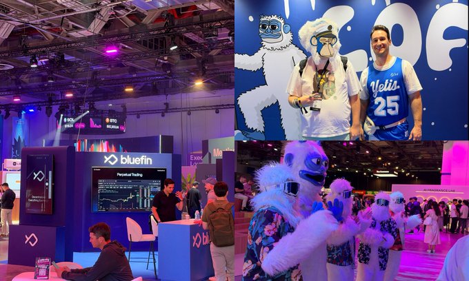 A four-panel collage from a crypto conference featuring the 'bluefin' trading booth, mascots posing with attendees, and a '2026' sign in the background.