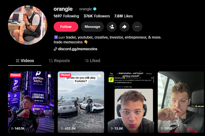 A TikTok profile page for user "orange" (@orange) showing 1,697 Following, 376K Followers, and 7.8M Likes, with a bio reading "curr trader, youtuber, creative, investor, entrepreneur, & more" and a link to "discord.gg/memecoins"; pinned videos include clips about Polygon Alpha, Fortnite, and memecoin trading.