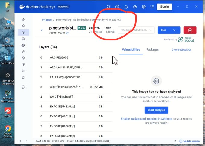 A screenshot of Docker Desktop with a red circle drawn around the 'CREATED 21 years ago' and 'SIZE 1.58 GB' details for an image, alongside various 'EXPOSE' layers listed below.