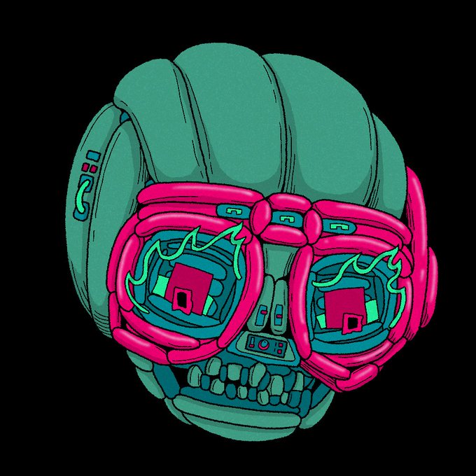 A stylized illustration of a cyan skull with a segmented brain and large pink futuristic goggles covering the eyes, set against a black background.