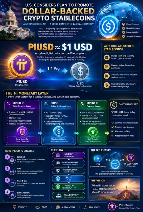 An infographic detailing a proposed U.S. plan to promote dollar-backed crypto stablecoins, highlighting a system called PIUSD pegged at 1:1 to the US dollar, featuring a three-layer Pi monetary system (Mined Pi, PIUSD, and Micro Pi) that connects the Pi Network ecosystem to the global dollar economy through collateral, trade, and real-world utility.