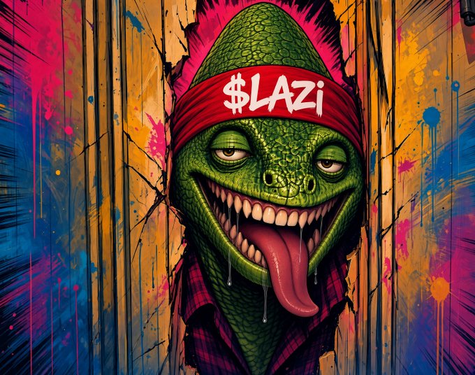 A vibrant graffiti-style illustration shows a green reptilian creature with a wide, toothy grin and lolling tongue, wearing a red headband labeled "$LAZI" against a colorful wall with paint splatters.