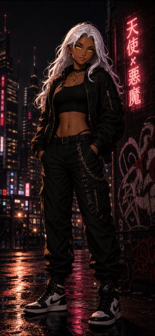 A stylish woman with long white hair, yellow eyes, and all-black streetwear—including a cropped tank, cargo pants with chains, and high-top sneakers—stands in a neon-lit alleyway featuring a red Japanese sign reading "天使 × 悪魔" (Angel × Devil). The cyberpunk aesthetic of duality and edgy confidence mirrors the post's critique of investors who only voice criticism after losses, rather than recognizing warning signs beforehand—reflecting the "angel/devil" tension between foresight and hindsight.