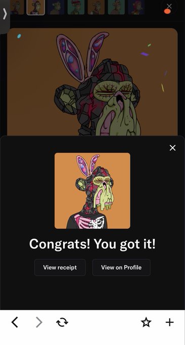 A pop-up displays "Congrats! You got it!" featuring a stylized cartoon ape with bunny ears and green slime dripping from its mouth, referencing the user's recent acquisition of a Mutant Ape from the Bored Ape Yacht Club (#Mayc) collection.