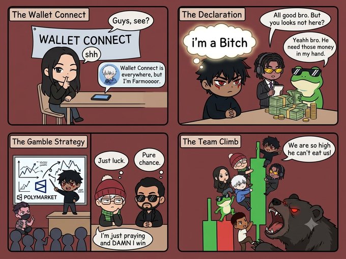 A four-panel cartoon meme depicting crypto trader struggles titled "The Wallet Connect," "The Declaration," "The Gamble Strategy," and "The Team Climb," featuring characters like Farmnooor and the Polygon-based prediction market Polymarket alongside a bull representing a market rally. The comic humorously captures the journey from early Web3 involvement via Wallet Connect to bold declarations of wealth, risky betting on Polymarket, and "cooking" toward financial freedom, aligning with the poster's bullish mindset at age 20.