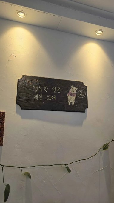 A wall-mounted wooden sign with Korean text and an illustration of a cat wearing a pink scarf, illuminated by ceiling spotlights.