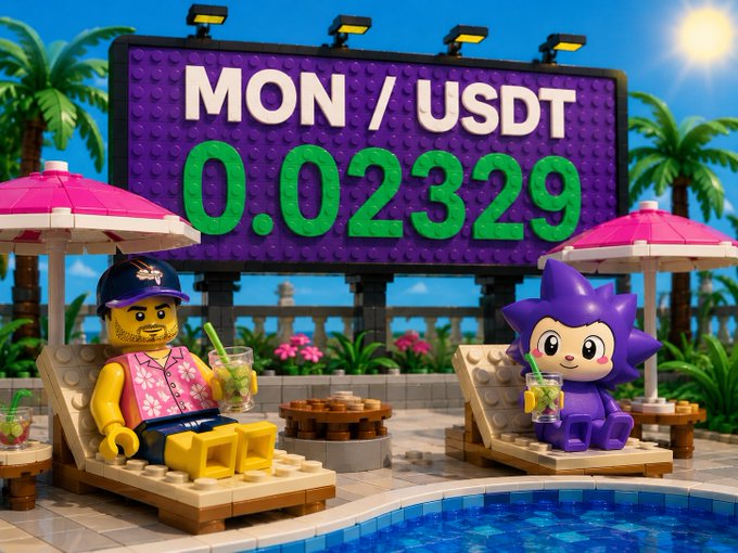 The image features two Lego figures sitting on chairs, with one figure holding a drink. The background includes a large purple sign that says "MON / USDT 0.022329", as well as some palm trees and other objects like a cup and a bowl. A website called "icebearcute" is also present in the image.