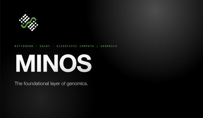 A dark presentation slide displaying a green infinity-like logo with the text 'BITTENSOR - SN107 - SCIENTIFIC COMPUTE / GENOMICS' above the large title 'MINOS: The foundational layer of genomics.'