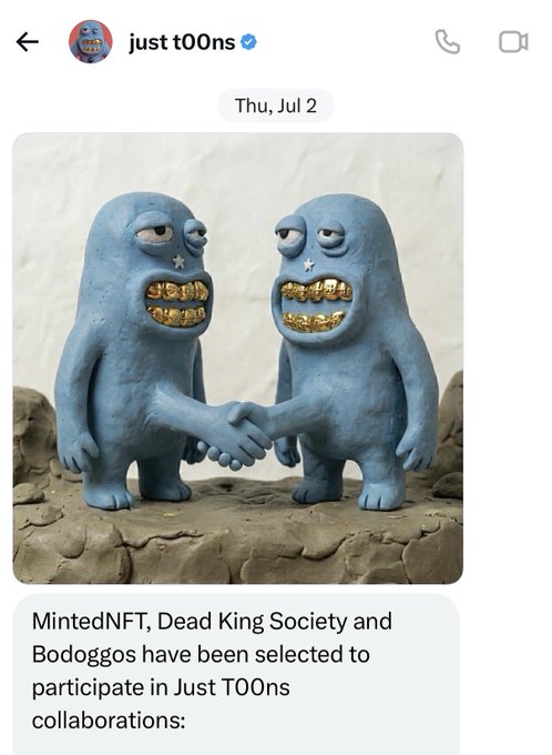 A screenshot of a 'just t00ns' Telegram post featuring two blue clay-style creatures with gold teeth shaking hands, announcing collaborations with MintedNFT, Dead King Society, and Bodoggos.