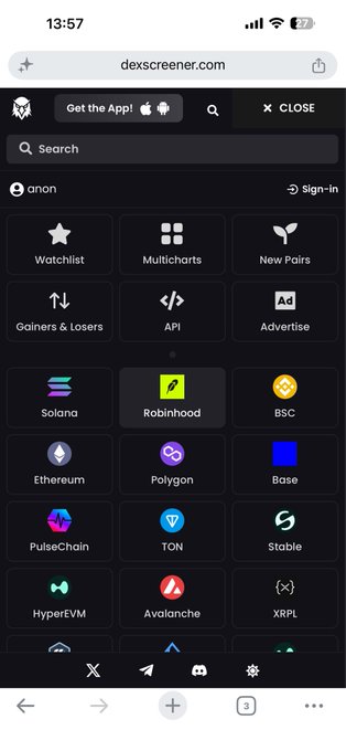 A mobile screenshot of dexscreener.com showing cryptocurrency categories including Solana, Robinhood, BSC, Ethereum, Polygon, Base, PulseChain, TON, Stable, HyperEVM, Avalanche, and XRPL.