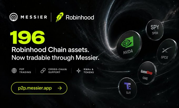 A promotional graphic for Messier and Robinhood featuring '196 Robinhood Chain assets, Now tradable through Messier,' with floating coin icons for NVDA, SPY (SPDR), SPCX, GameStop (GME), and DJT.