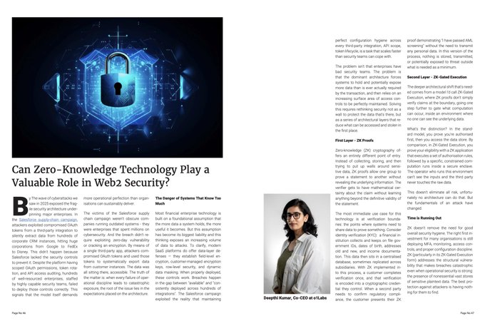 The image is a two-page spread from Finance Derivative magazine featuring an article titled "Can Zero-Knowledge Technology Play a Valuable Role in Web2 Security?" by Deepthi Kumar, Co-CEO at ET Labs. The article explores how zero-knowledge proofs can enhance enterprise cybersecurity, with sections including "Time to Running Out," "The Danger of Systems That Know Too Much," and "Secret Layer: ZK-Shield Execution," accompanied by images of digital security icons and a "safe tech" graphic.