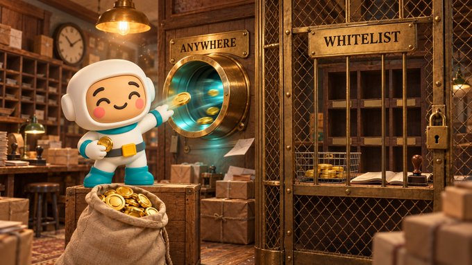 A 3D-rendered cartoon astronaut character holds a gold coin near a glowing portal labeled 'ANYWHERE' that leads to a vault room marked 'WHITELIST', with a sack of coins in the foreground.