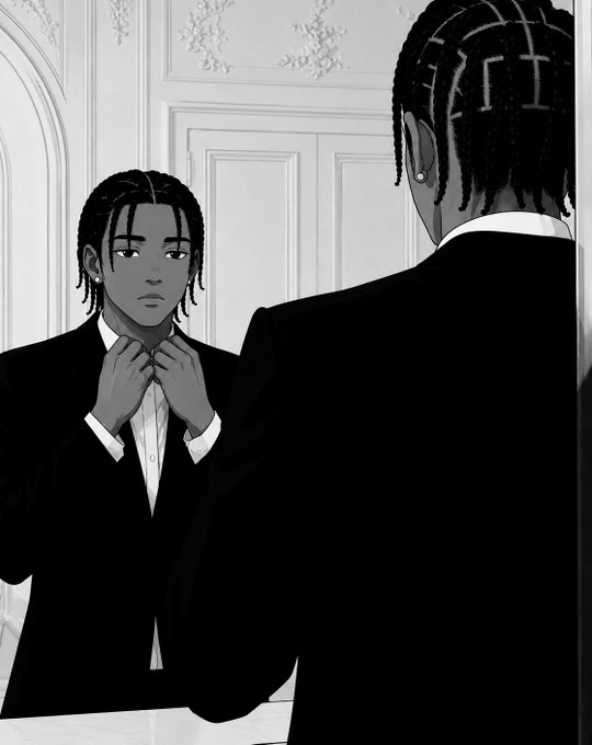 A black-and-white illustration showing a person with braided hair adjusting their tie while looking at their reflection in a mirror, wearing a formal suit in an elegant room.
