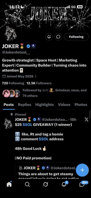 A Twitter/X profile for 'JOKER @Jokerdotsol_' describes them as a Growth Strategist with 12.5K followers, featuring a pinned post announcing a '$25 $SOL GIVEAWAY (1 winner)'.