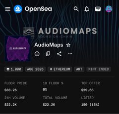 An OpenSea listing page for an NFT collection called "AudioMaps," an Ethereum-based audio NFT project from August 2026 with a floor price of $33.26, 24H volume of $22.2K, and 1,000 items.