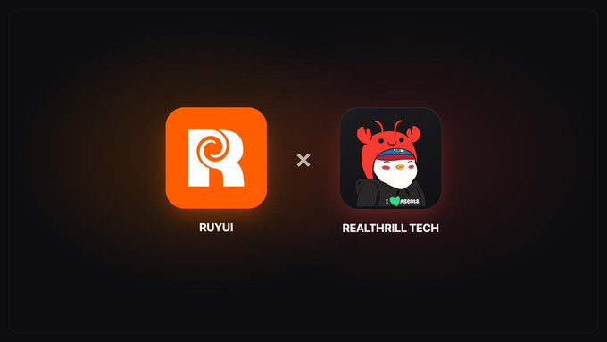 A graphic announces a partnership between 'RUYUI' and 'REALTHRILL TECH'. The left side features an orange 'R' logo, while the right shows a crab character logo.