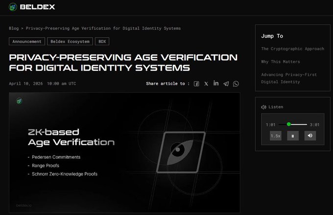 A blog post screenshot from Beldex titled 'PRIVACY-PRESERVING AGE VERIFICATION FOR DIGITAL IDENTITY SYSTEMS', discussing ZK-based Age Verification with Pedersen Commitments, Range Proofs, and Schnorr Zero-Knowledge Proofs.
