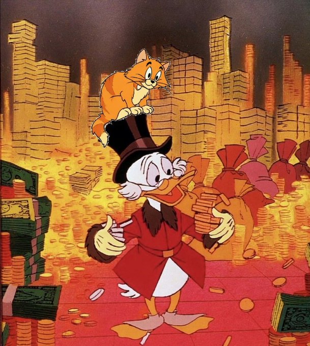 A classic cartoon illustration of Scrooge McDuck in a red robe and top hat standing amid piles of gold coins, stacks of bills, and money bags in his vault, with an orange cat sitting on top of his hat and a city skyline in the background.