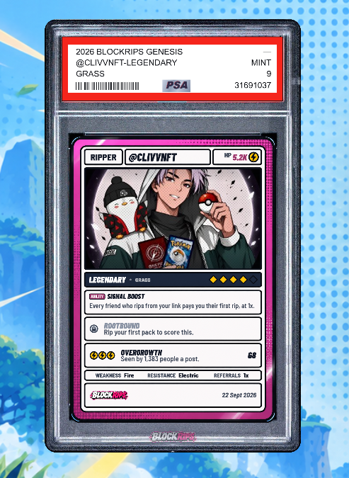 A graded PSA 9 MINT trading card titled '2026 BLOCKRIPS GENESIS @CLIVNFT-LEGENDARY' featuring an anime-style character named 'RIPPER @CLIVNFT' with stats including HP 5.2M and ability 'OVERGROWTH' that seen by 1,383 people.