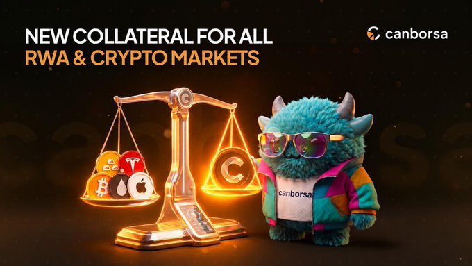 A promotional banner for 'canborsa' advertises 'NEW COLLATERAL FOR ALL RWA & CRYPTO MARKETS', featuring a furry mascot wearing sunglasses next to a scale balancing crypto coins.
