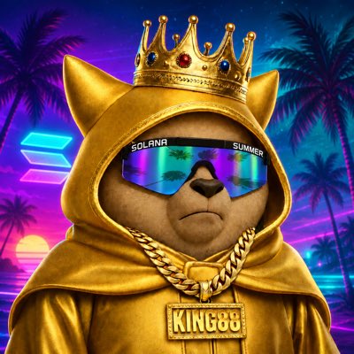 The image features a teddy bear wearing a gold robe, a crown, and sunglasses with "Summer" written on them. The teddy bear has a name tag that reads "Solana", indicating its creator or owner. The background of the image is a colorful neon display, which complements the overall theme of the post. The caption at the bottom of the image states "#NewProfilePic Solana Summer. Be prepared."