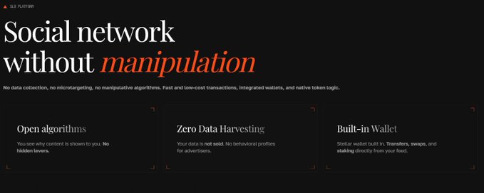 The image shows a webpage titled "SLE PLATFORM" with the heading "Social network without *manipulation*" in white and red text on a black background, promoting features like "Open algorithms," "Zero Data Harvesting," and "Built-in Wallet." The post appears unrelated, as it discusses a separate Ukraine Independence Day event by @cassator featuring promotional staking APY rates ranging from 28% to 62%, with no connection to the SLE Platform shown in the image.