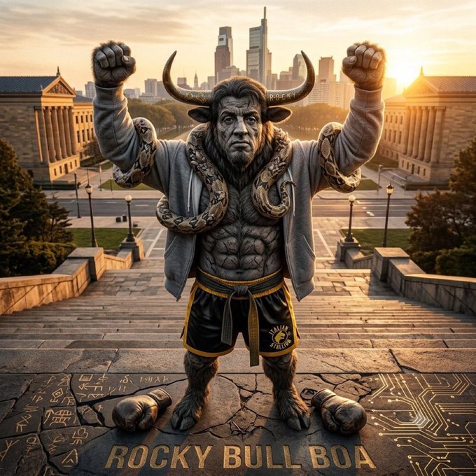 A muscular minotaur with boxing gloves and snakes draped over its shoulders stands triumphantly on the "Rocky" steps, with the text "ROCKY BULL BOA" displayed at the bottom and a city skyline in the background. The image serves as a creative visual representation of the $RRB (Rocky Bull Boa) meme coin, symbolizing strength and fight—aligning with the post's message about the token's small market cap but big potential to surprise investors.