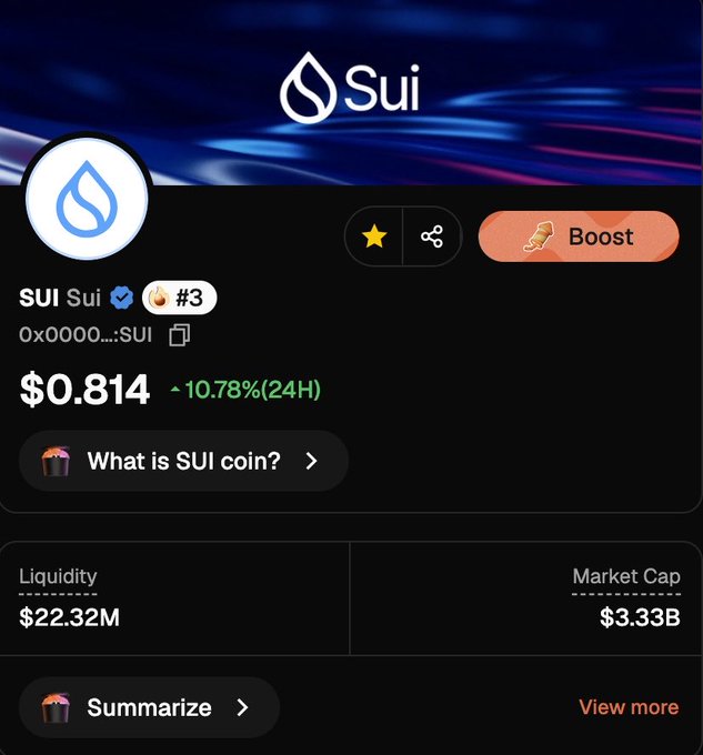 A screenshot showing cryptocurrency information for SUI (Sui), with a price of $0.814, a 10.78% increase over 24 hours, $22.32M liquidity, and a $3.33B market cap.
