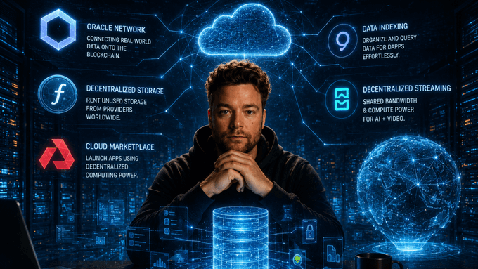 The image features a man sitting at a desk with his hands crossed over his chest, looking down at something. The background of the image is filled with blue lines and shapes that resemble clouds or data structures, giving the impression of a futuristic setting. In the top left corner of the image, there are logos for Oracle Network Cloud, Data Indexing, and Data Warehousing. These logos suggest that the man might be working in an industry related to cloud computing or data management.