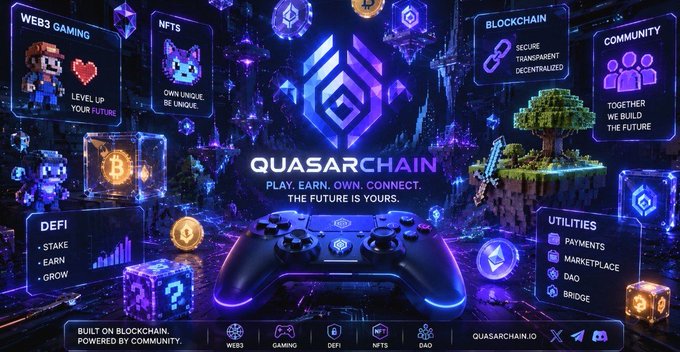 Promotional graphic for Quasarchain featuring a gaming controller and pixel art, with text including 'QUASARCHAIN', 'PLAY. EARN. OWN. CONNECT. THE FUTURE IS YOURS.', 'WEB3 GAMING', 'NFTS', 'DEFI', 'BLOCKCHAIN', and 'QUASARCHAIN.IO'.