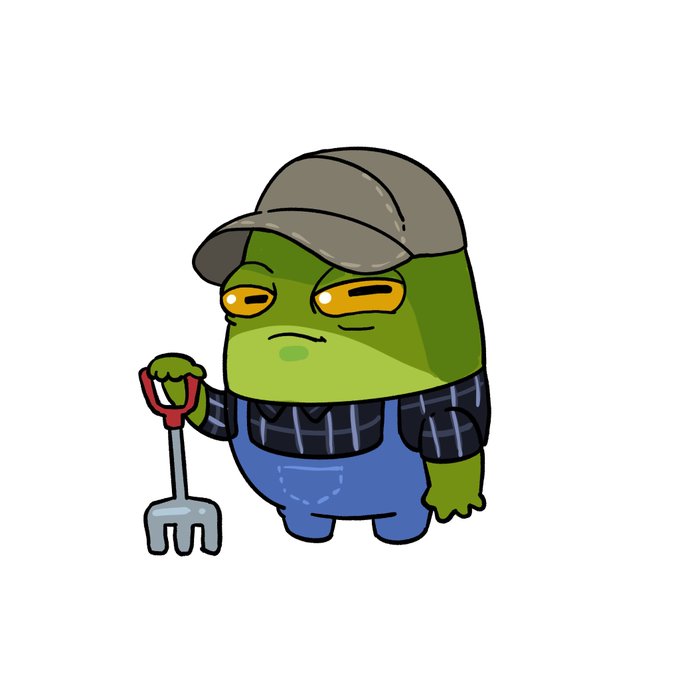 A Pepe-style cartoon character dressed as a farmer with a gray cap, plaid shirt, and blue overalls holds a pitchfork, looking tired and worn out. The image humorously reflects the poster's experience of being "violently farmed" while holding meme coins, embodying the farmer trope referenced in their crypto trading struggles.