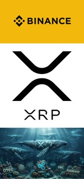 The image displays the Binance logo at the top, a prominent XRP logo in the center, and DTCC imagery at the bottom, symbolizing the significant outflow of XRP from Binance. The visual emphasizes how whales, rather than retail investors, are driving the massive 77% exchange outflow of Ripple's native token.
