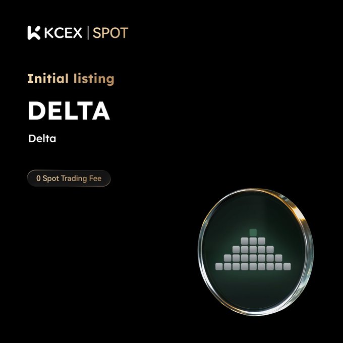 An announcement graphic for KCEX Spot listing of 'DELTA' with 0 Spot Trading Fee, featuring a glowing bar chart icon.